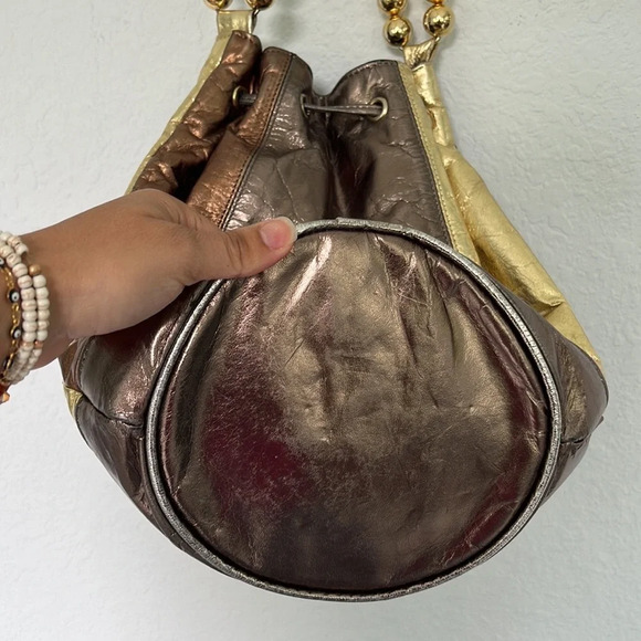 Vintage Metallic Genuine Leather Bucket Crossbody Bag - Picture 7 of 9